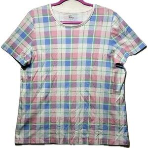 Kim Rogers‎ Plaid T-Shirt, Blue, Pink, Green White, Short Sleeve - size L - NWOT